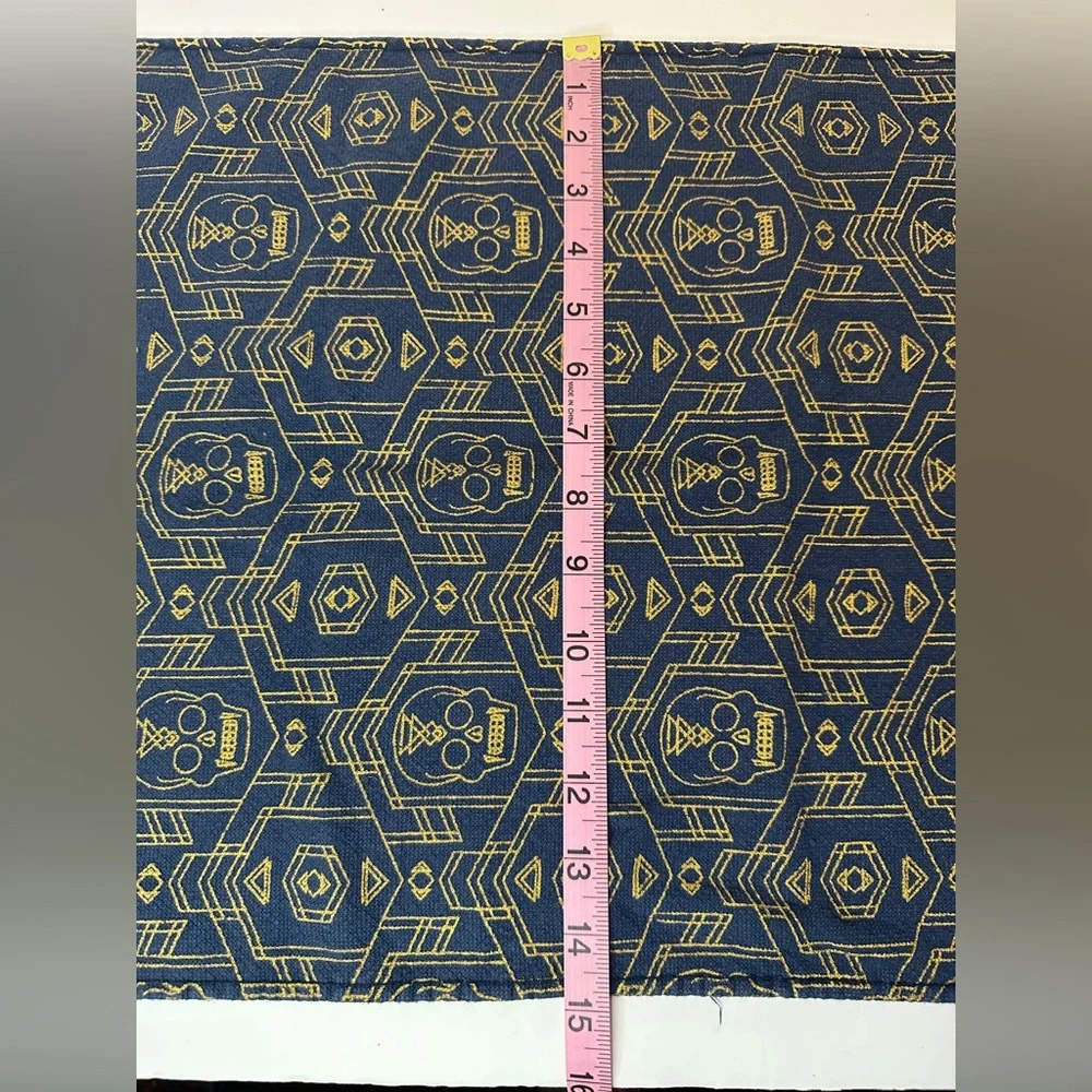 Joann Navy Blue and Gold Skull Aztec Print Mantle Scarf Decor With Gold Fringe
